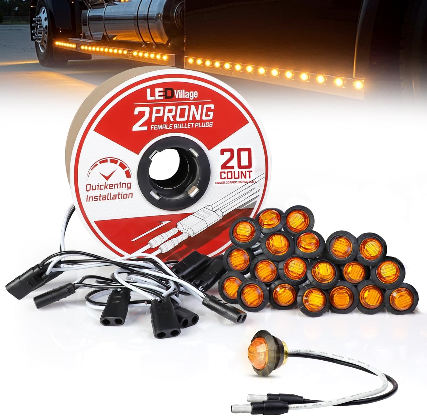 20 Luces LED Ámbar 3/4 DC con 20 Arneses Hembra para Camión