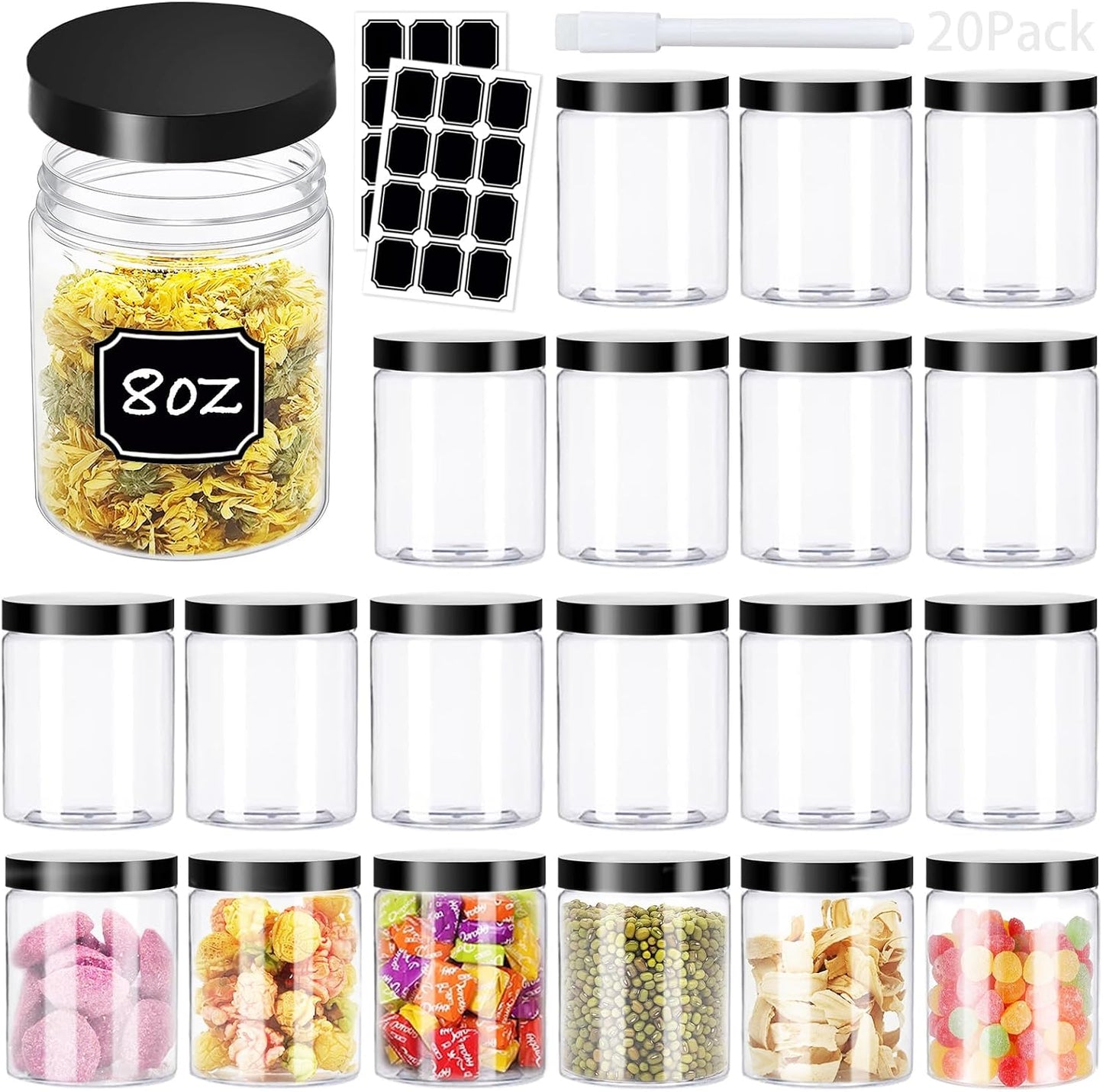 20 Tarros Plástico 8oz Tapas Negras Recipientes Cosméticos