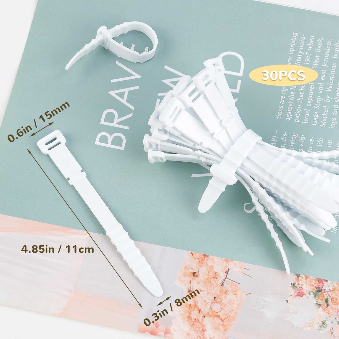 30 Bridas Silicona Cables 4.5" Organiz. Elástico Blanco