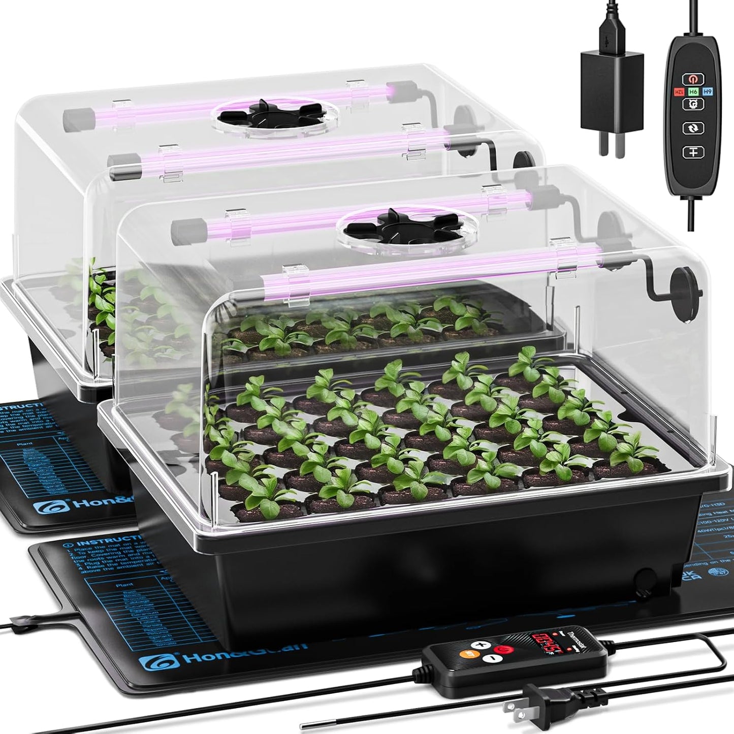 Kit 2 bandejas semillas 30 celdas cúpula humedad 5.3pulg luces LED