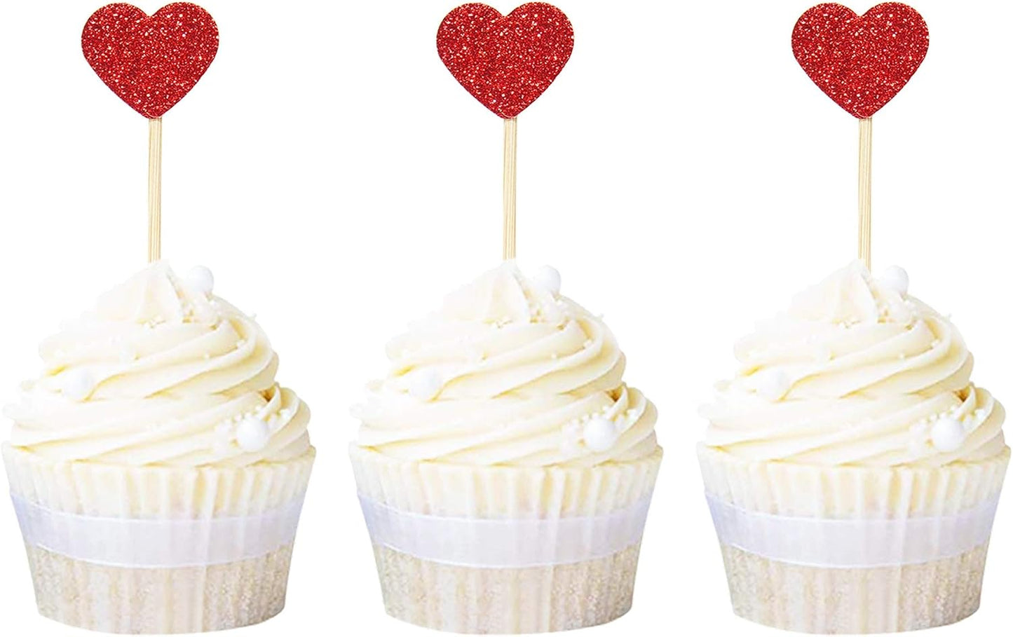 40 Pzas Decoración Cupcakes Corazón Purpurina Rojo