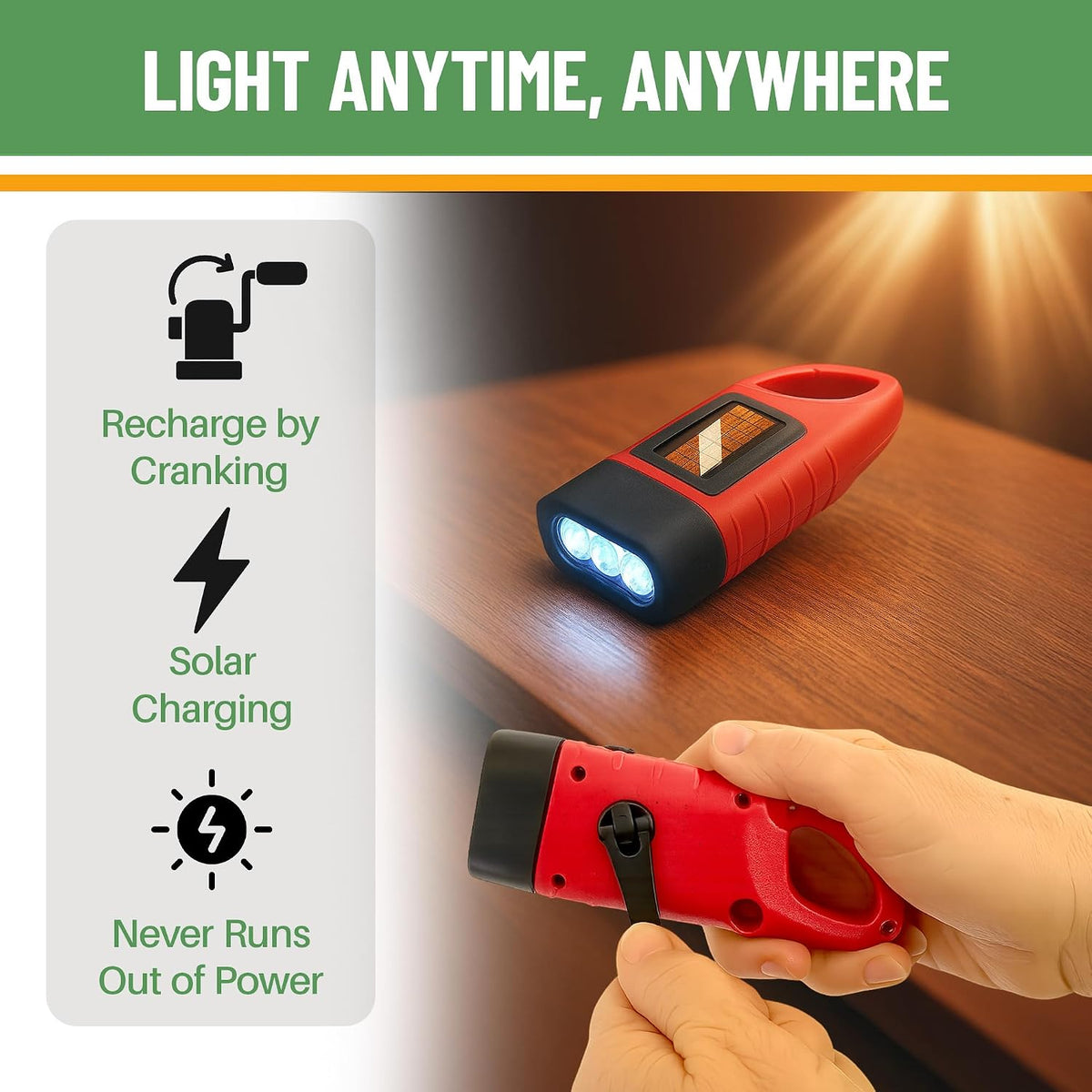 Linterna manivela solar 4uds luz brillante 3 LED acampar