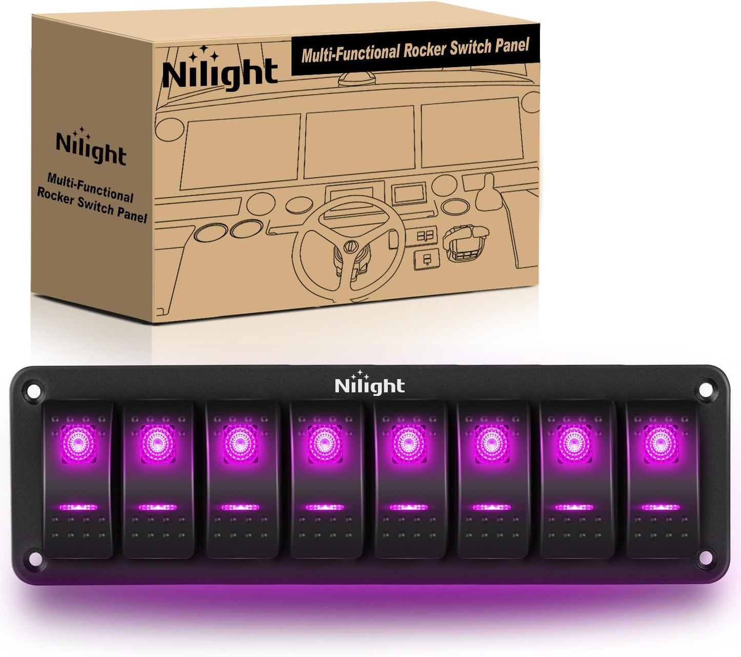 Panel interruptores basculantes 8 pos LED púrpura 12V coche