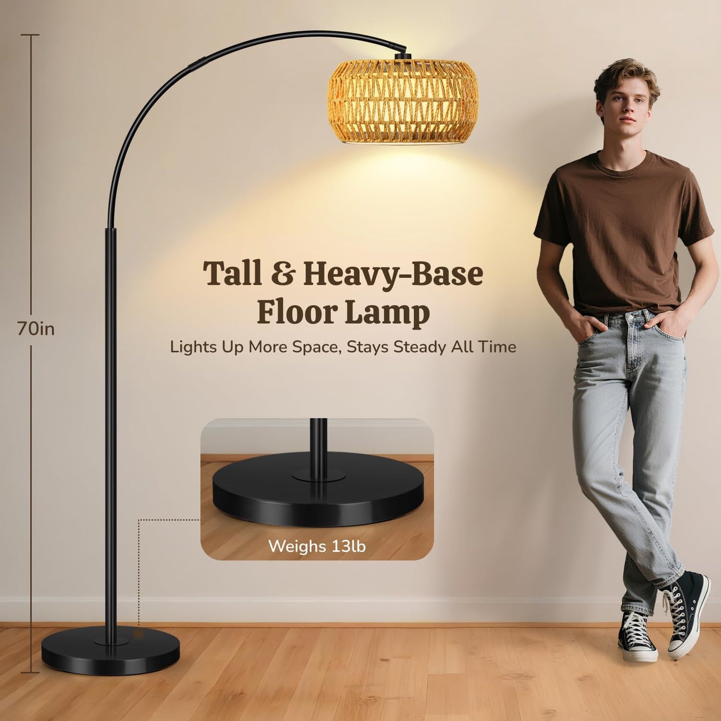 Lámpara pie arco bohemia ratán control remoto led dormitorio