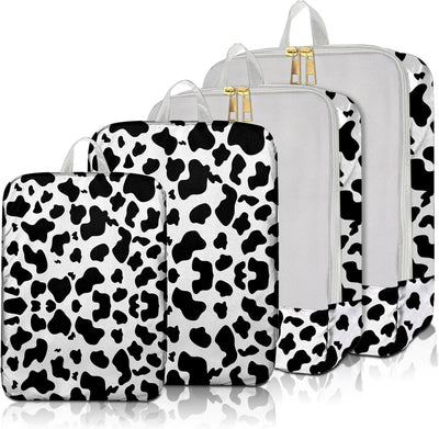 Set 4 Cubos Viaje Compresión Maleta Estilo Vaca Blanca y Negra