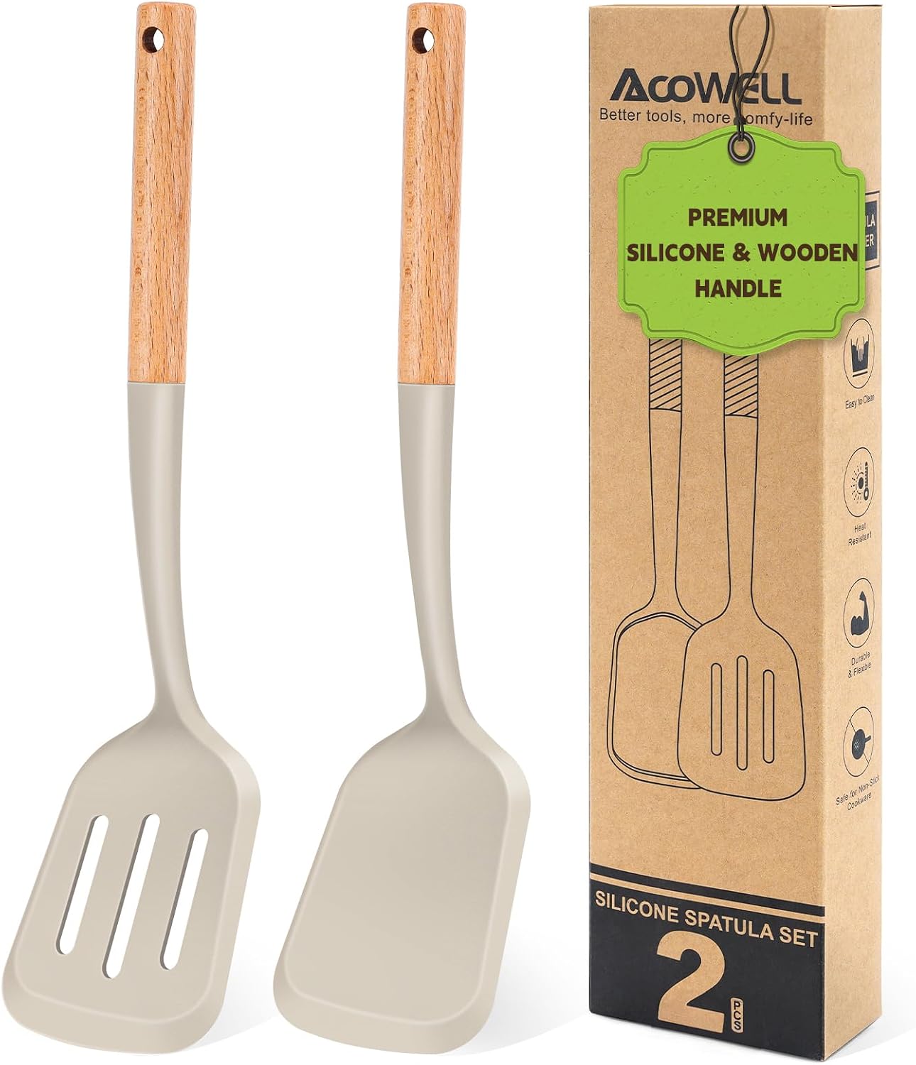2 Pzas Espátulas Silicona Mango Madera Antiadherente