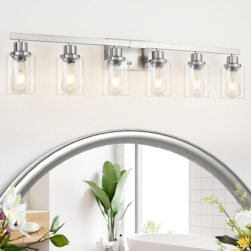 Lámpara baño 6 luces níquel mate vidrio transparente