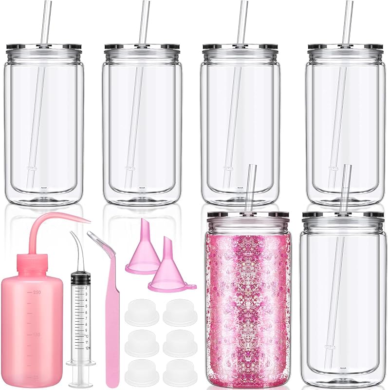 6 Vasos Plástico Doble Pared 16oz con Tapa Pajita
