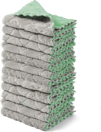 12 Pzas Paños Cocina Terciopelo Coral Absorbente Verde-Gris
