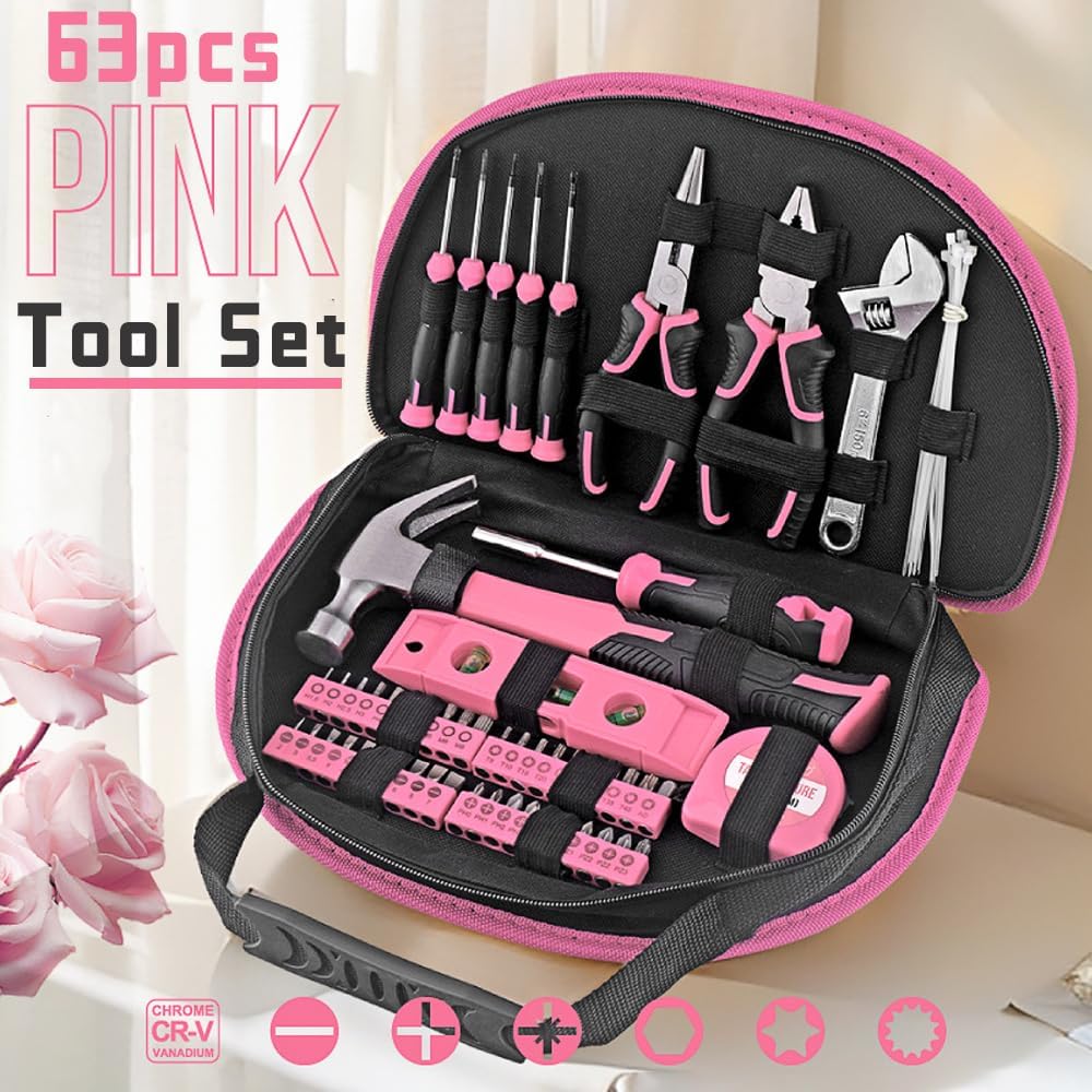 Set 63 Pzas Herramientas Rosa para Hogar y Oficina