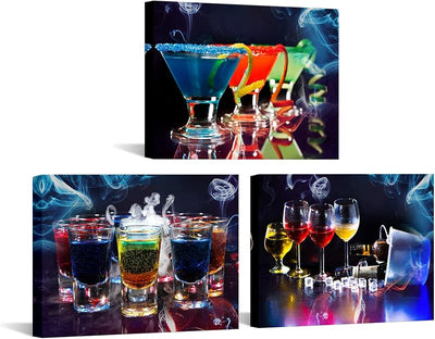 3 Pzas Lienzo Arte Cóctel Colorido para Cocina y Bar