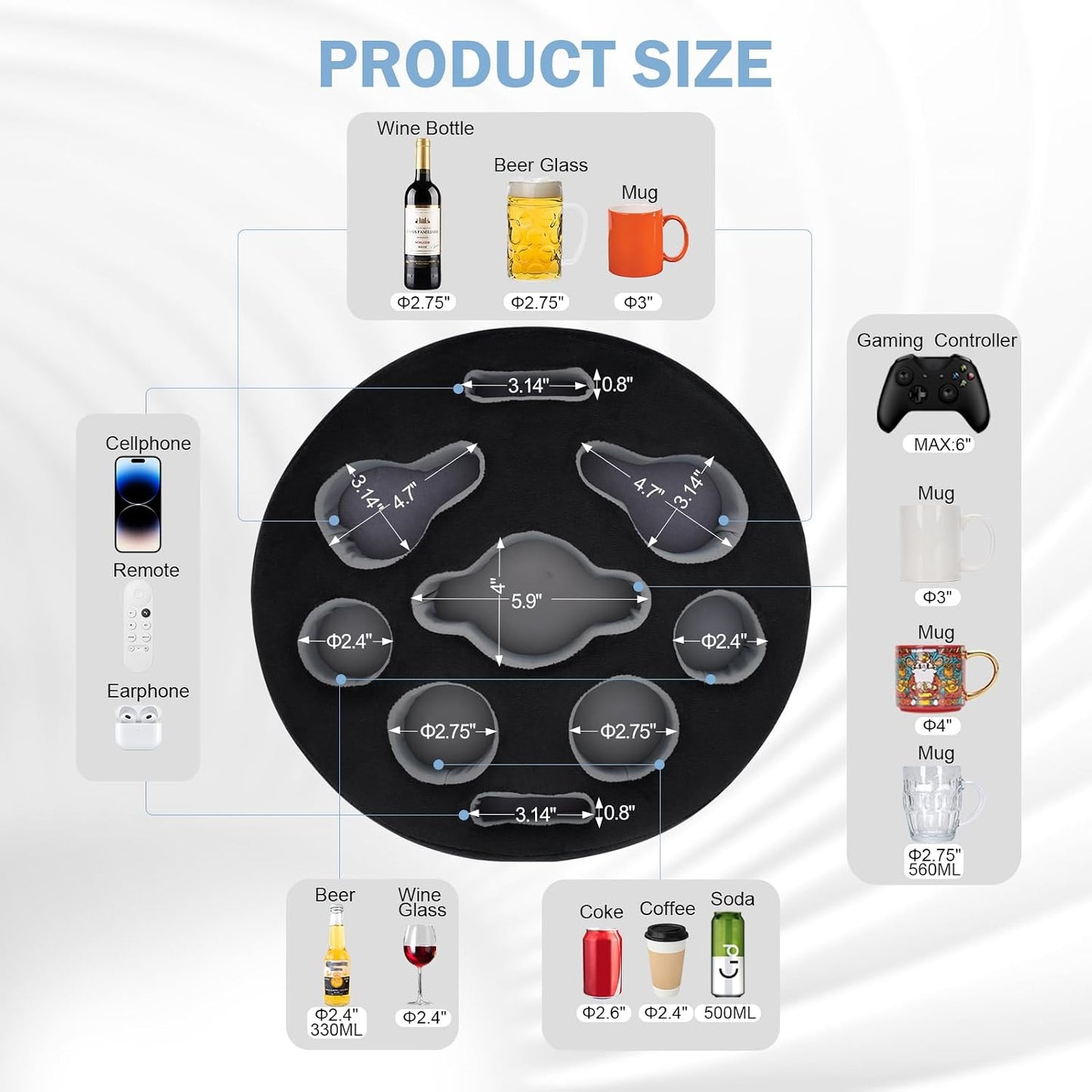 Almohada portavasos para sofá con soporte bebidas snacks