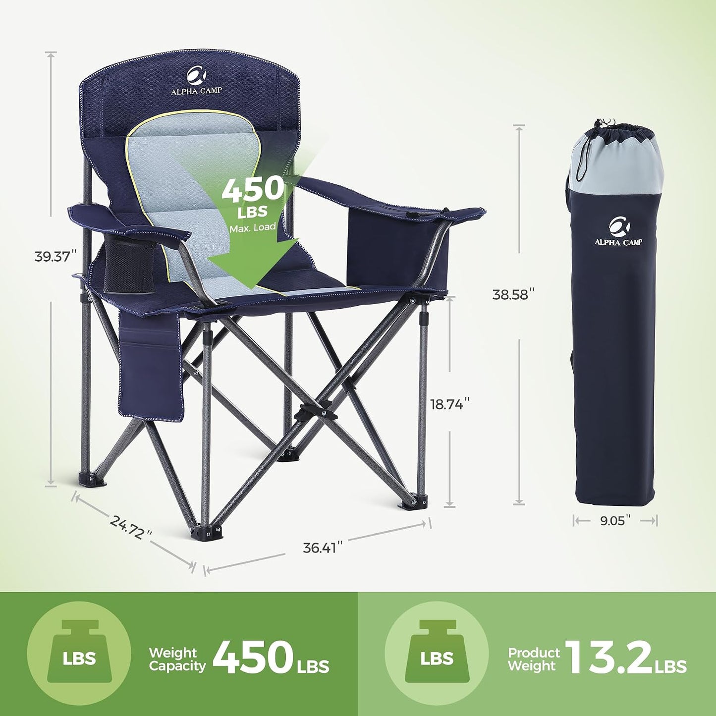 Silla camping plegable extragrande con portavasos