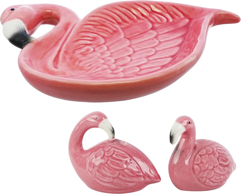 Salero y pimentero flamenco rosa con bandeja cerámica