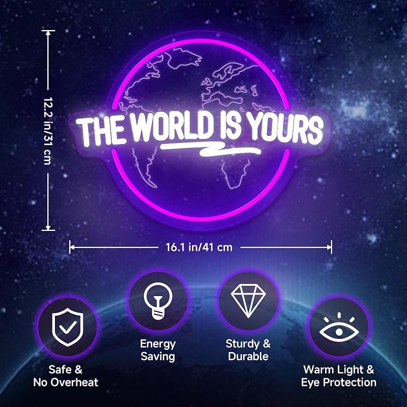 Letrero Neón Morado 'El Mundo Es Tuyo' para Dormitorio y Set