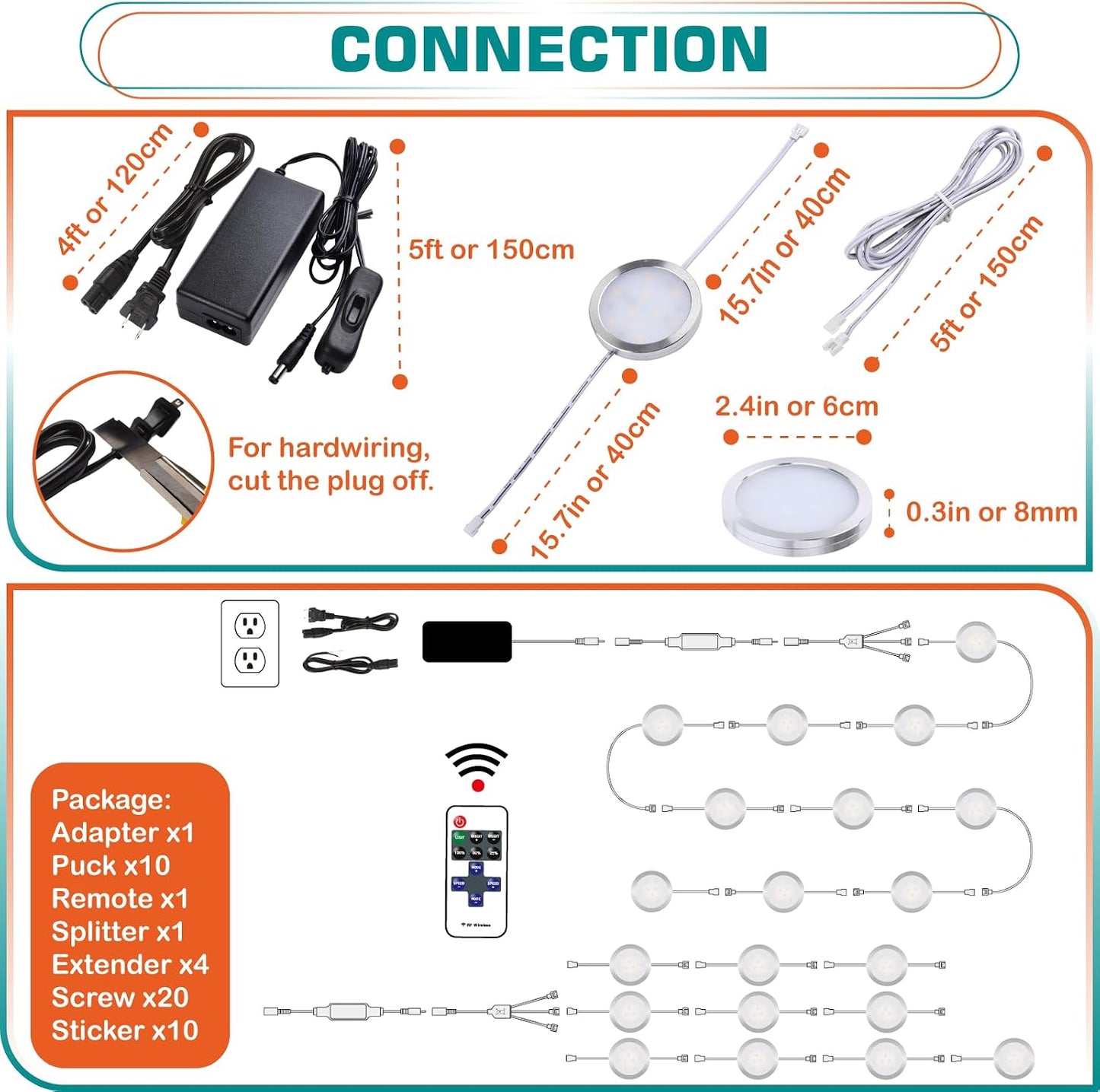 Luces LED redondas para gabinete 110V control remoto RF