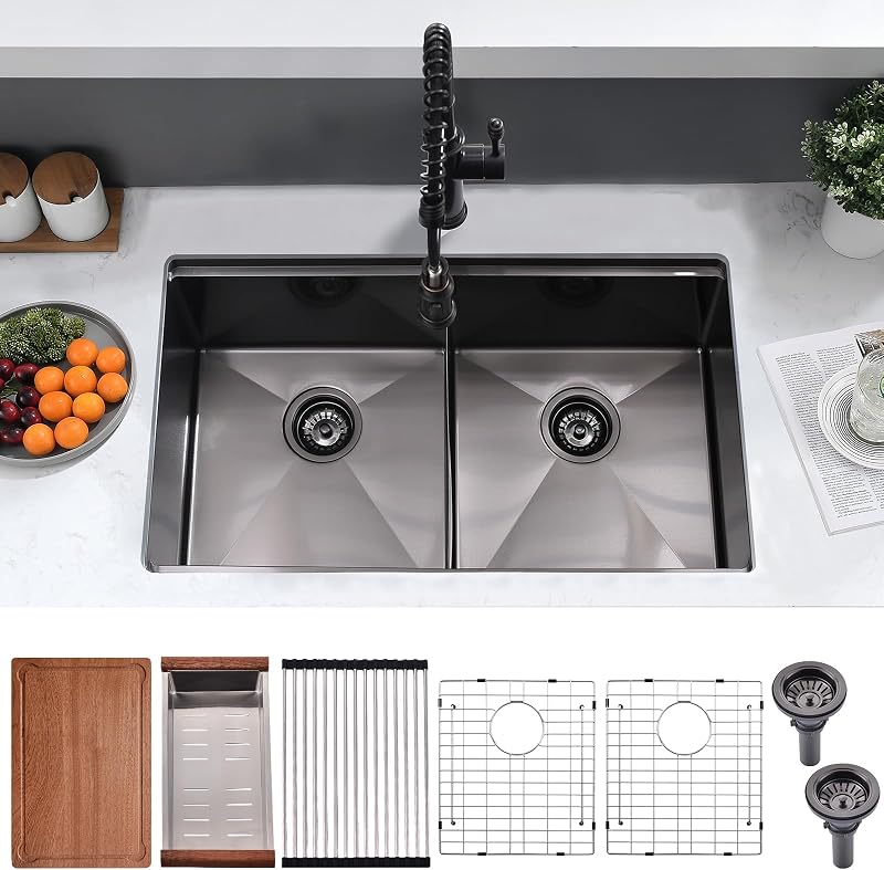Fregadero cocina negro 30" doble tazón acero inox 16ga