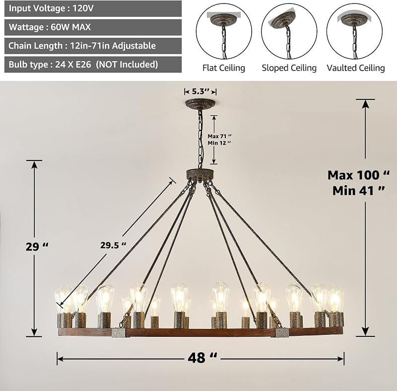 Candelabro madera 48" 24 luces redondas para techo alto