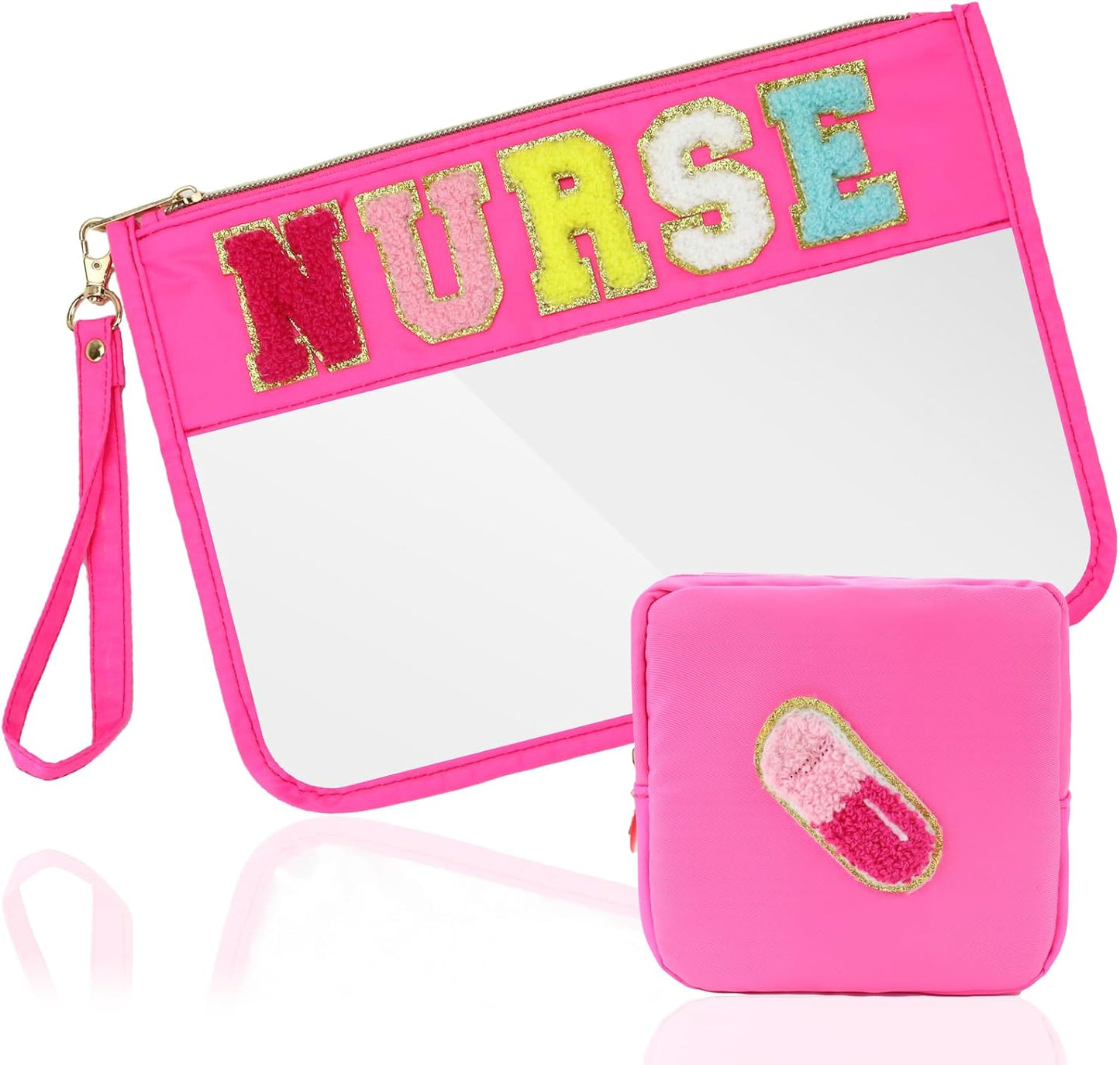 2 bolsas maquillaje PVC transparente con asas y parche chenilla
