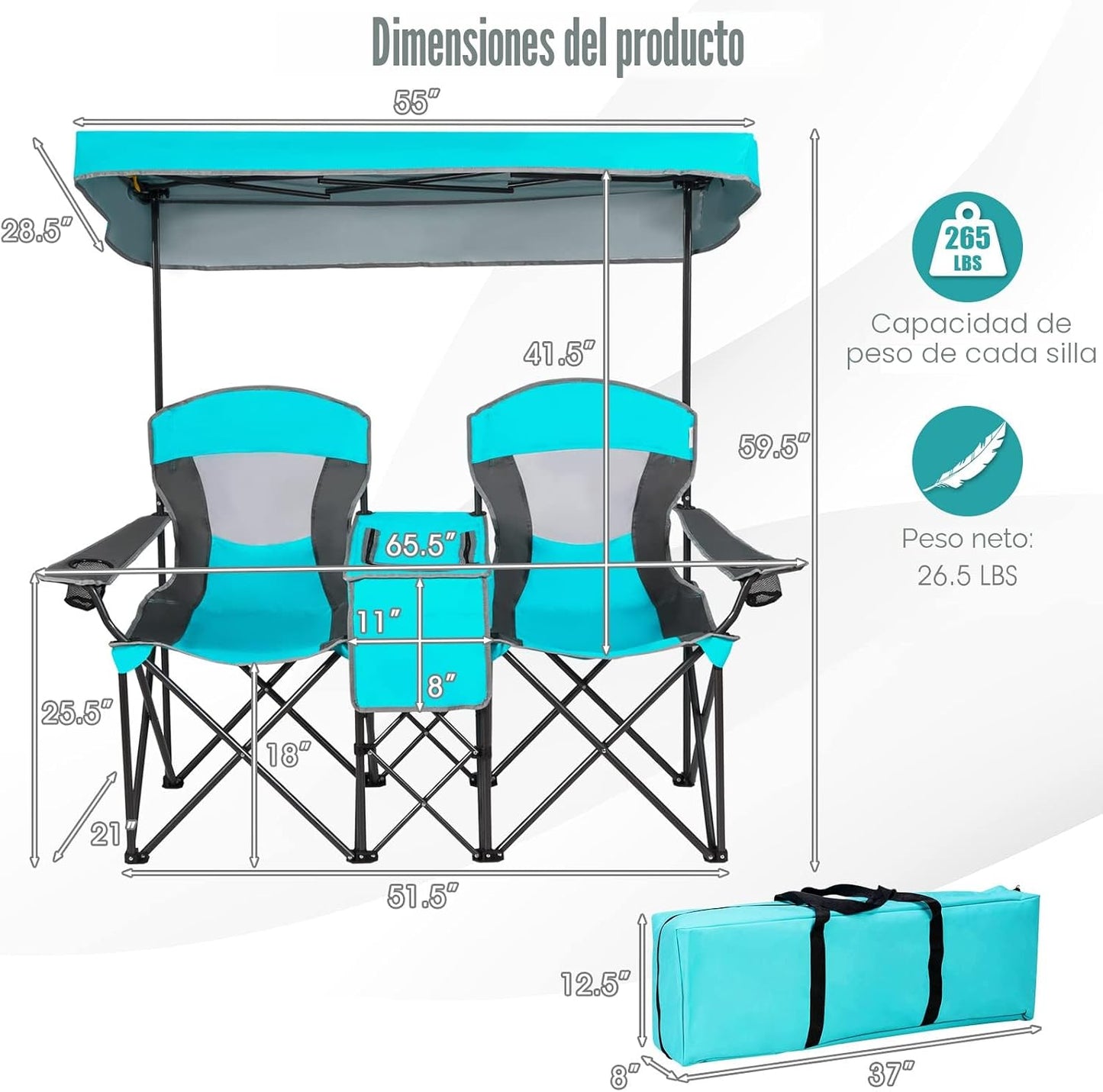 Silla camping doble con toldo y bolsa refrigeradora