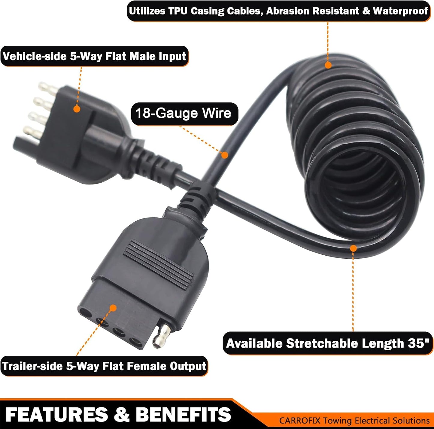 Arnés extensión cable espiral flexible remolque 5 vías 35pulg
