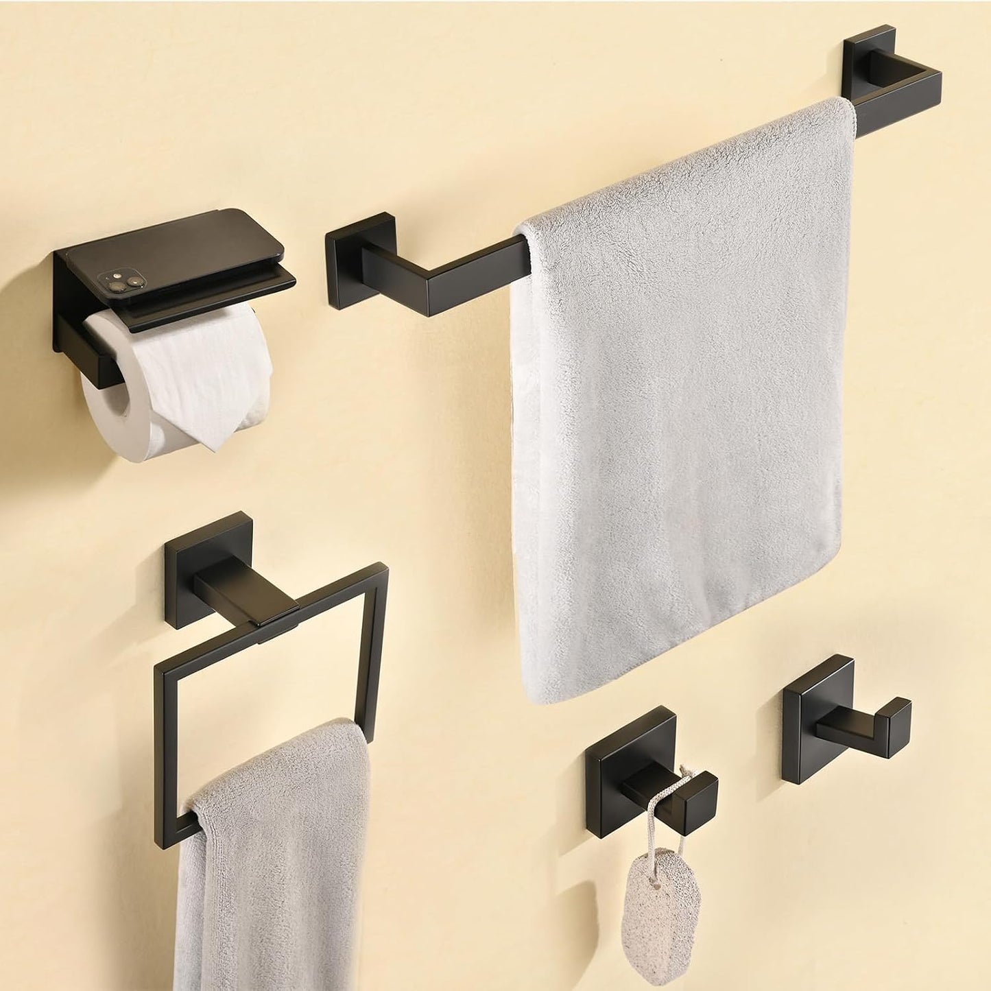Toallero baño negro 5pzas 16pulg soporte papel higiénico