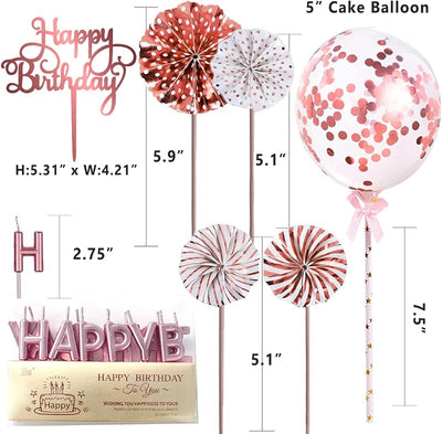 Decoración pastel oro rosa velas cumpleaños globo confeti abanicos