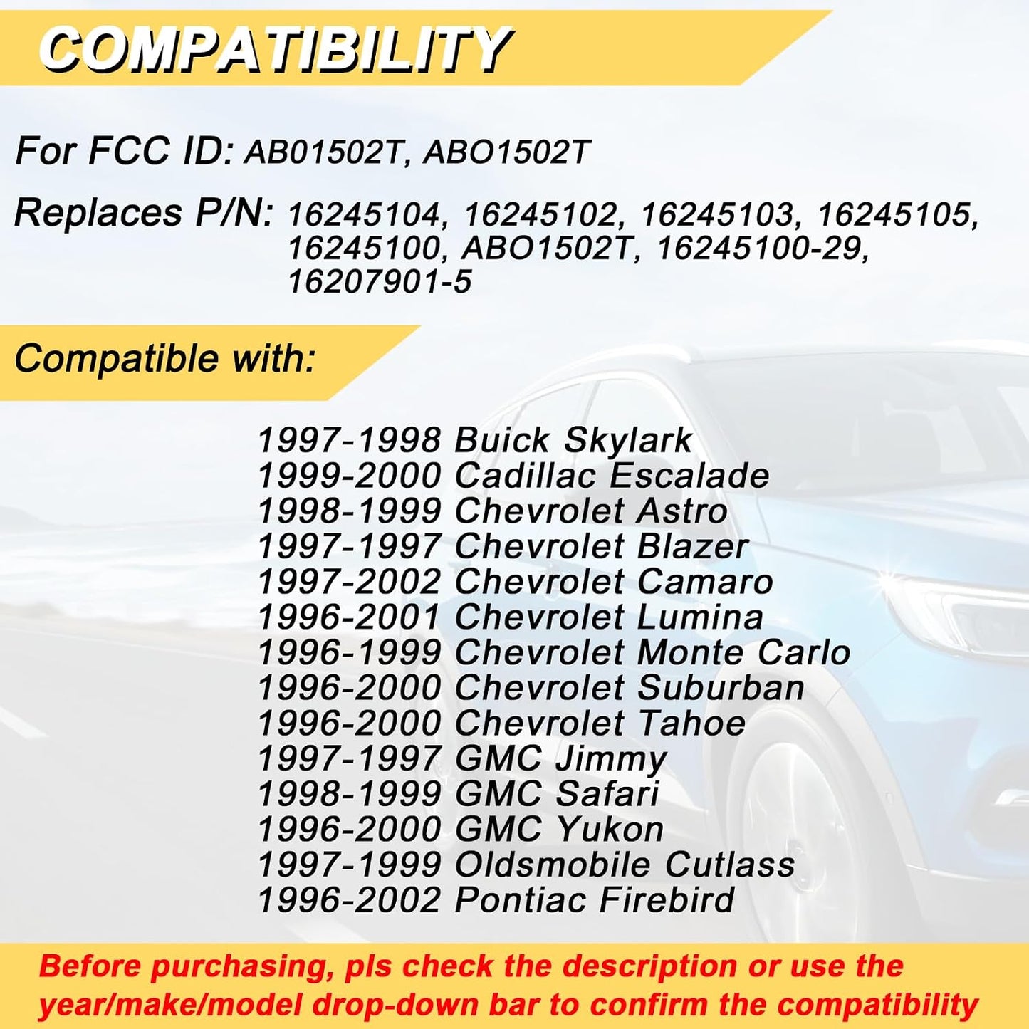 Llavero remoto Chevy Suburban Tahoe AB01502T 3 Btn