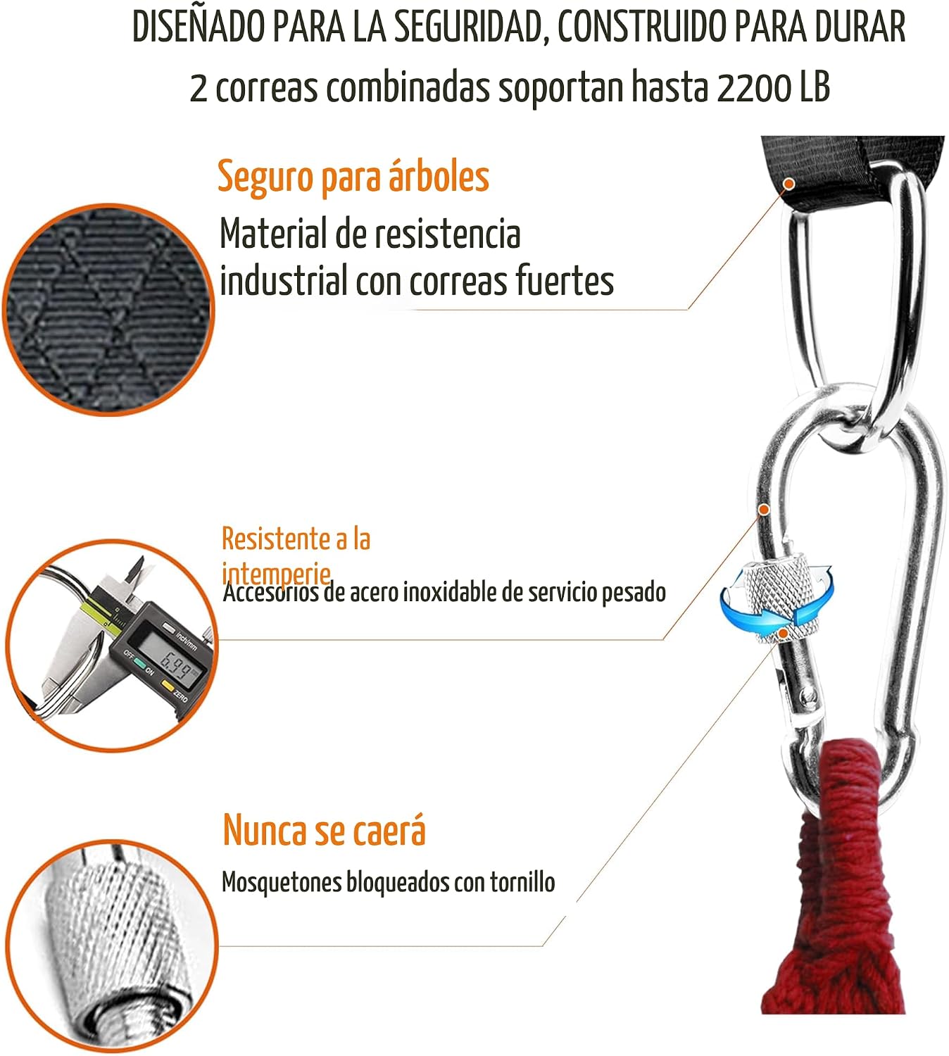 Kit correas colgantes para columpio 5ft 2200lb con mosquetones