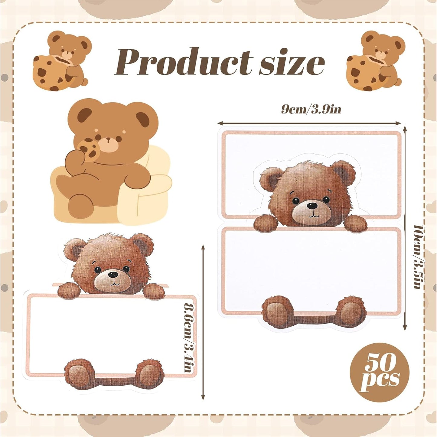 Etiquetas con nombre para baby shower temática osos tarjetas campaña r cumpleaños neutro 3.9x3.5 blancas y caqui