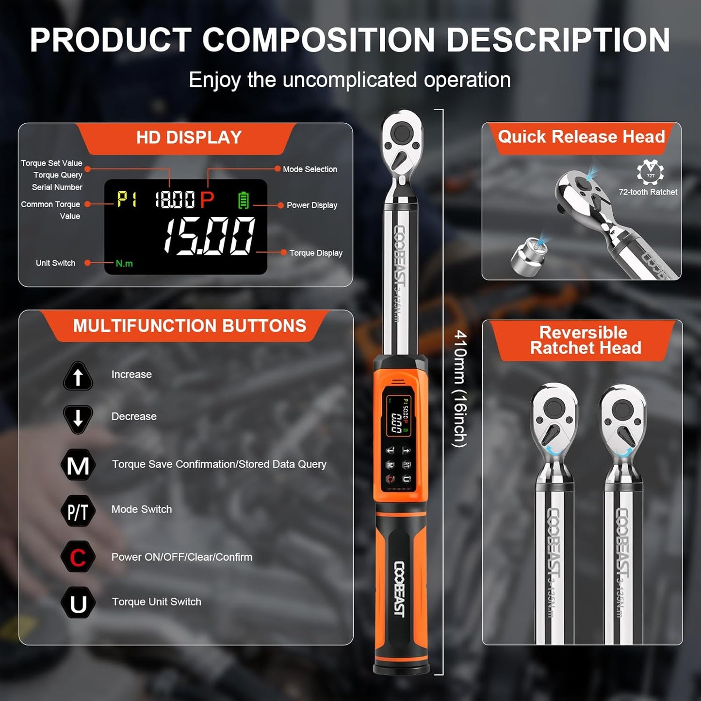 Llave dinamométrica digital 3/8 con 1.5-99.5 ft-lb y LED