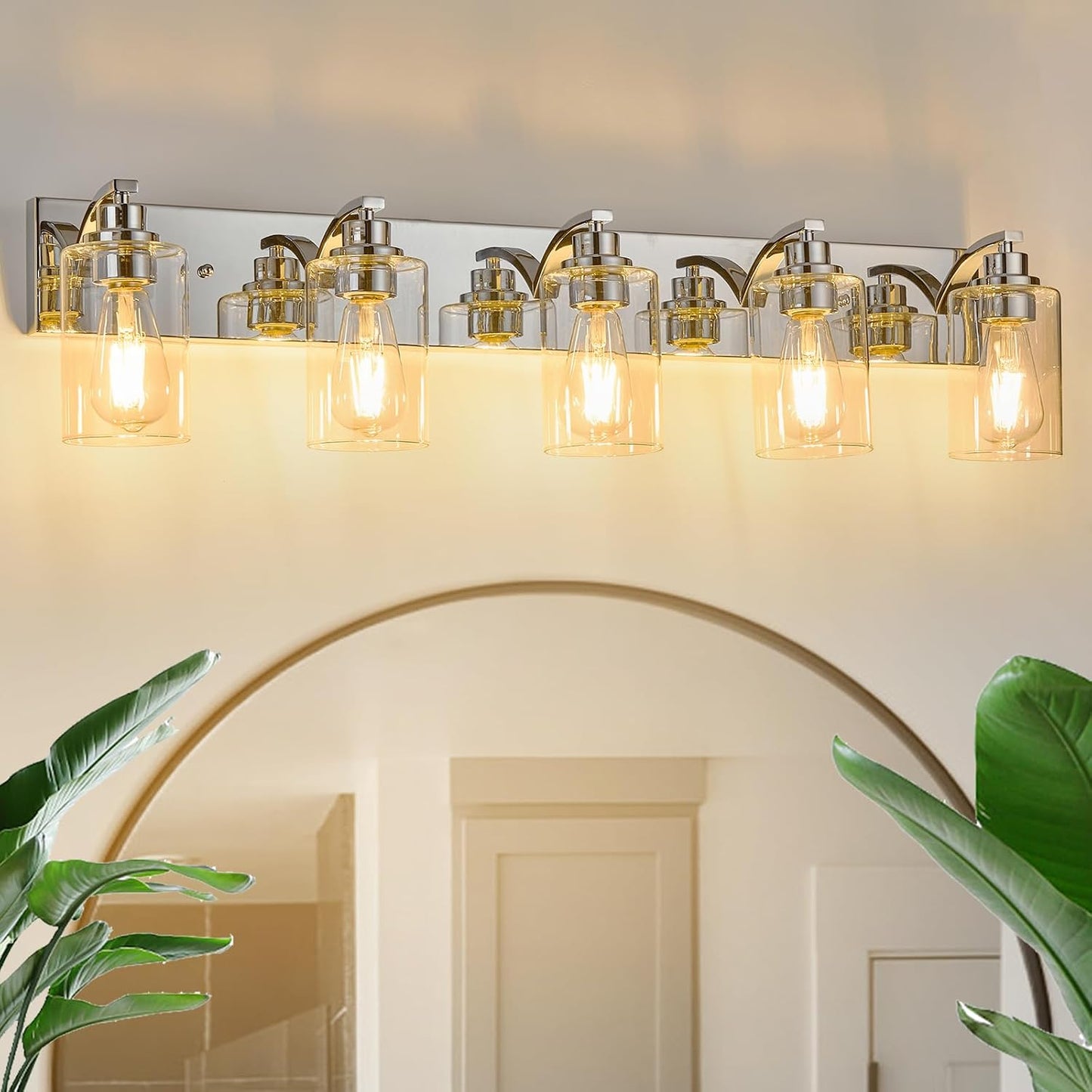 Lámpara baño 5 luces cromada para tocador con pantalla