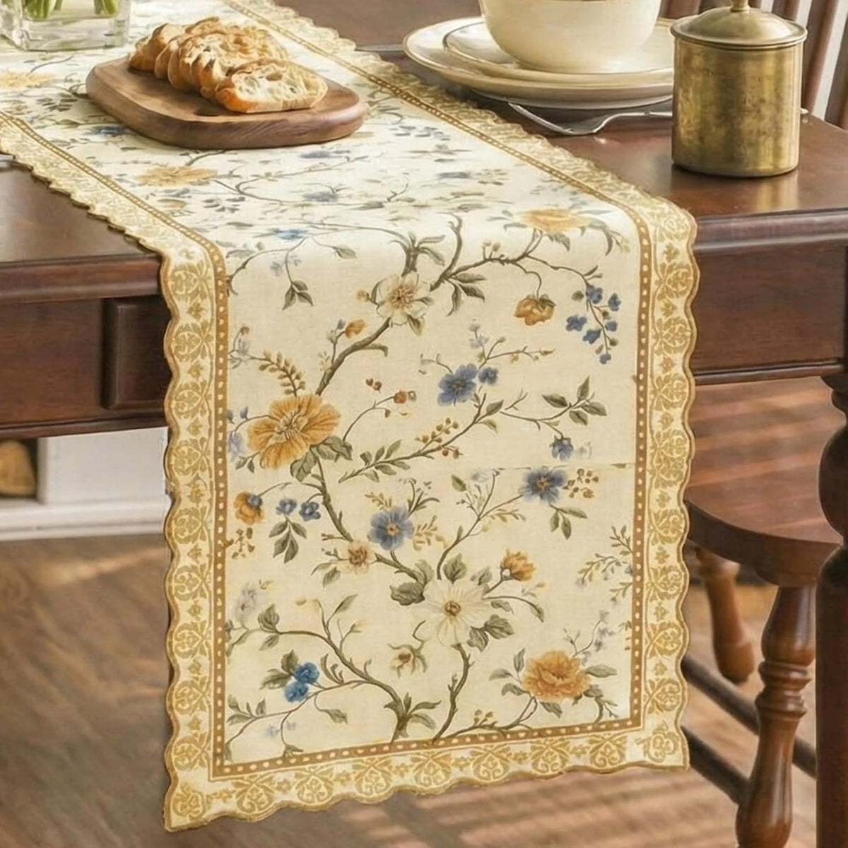 Camino de mesa Chinoiserie floral marrón claro y blanco vintage