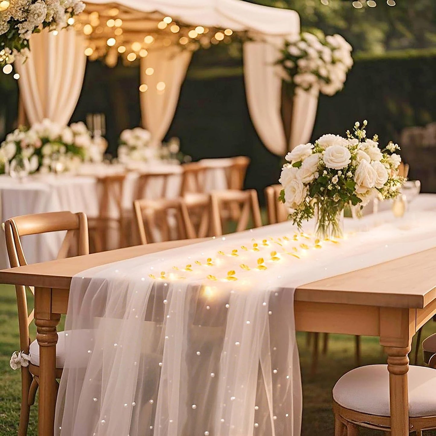Mesa Camino Perlas Blancas Luces 10ft Encaje Tul Boda