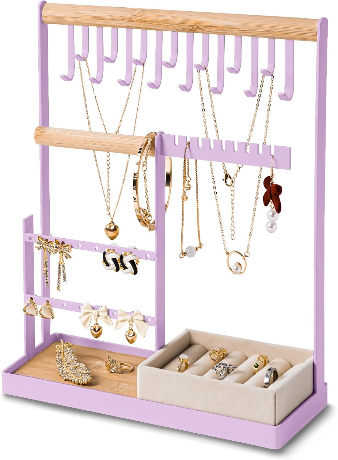 Soporte joyas 4 niveles 15 ganchos 16 agujeros aretes morado