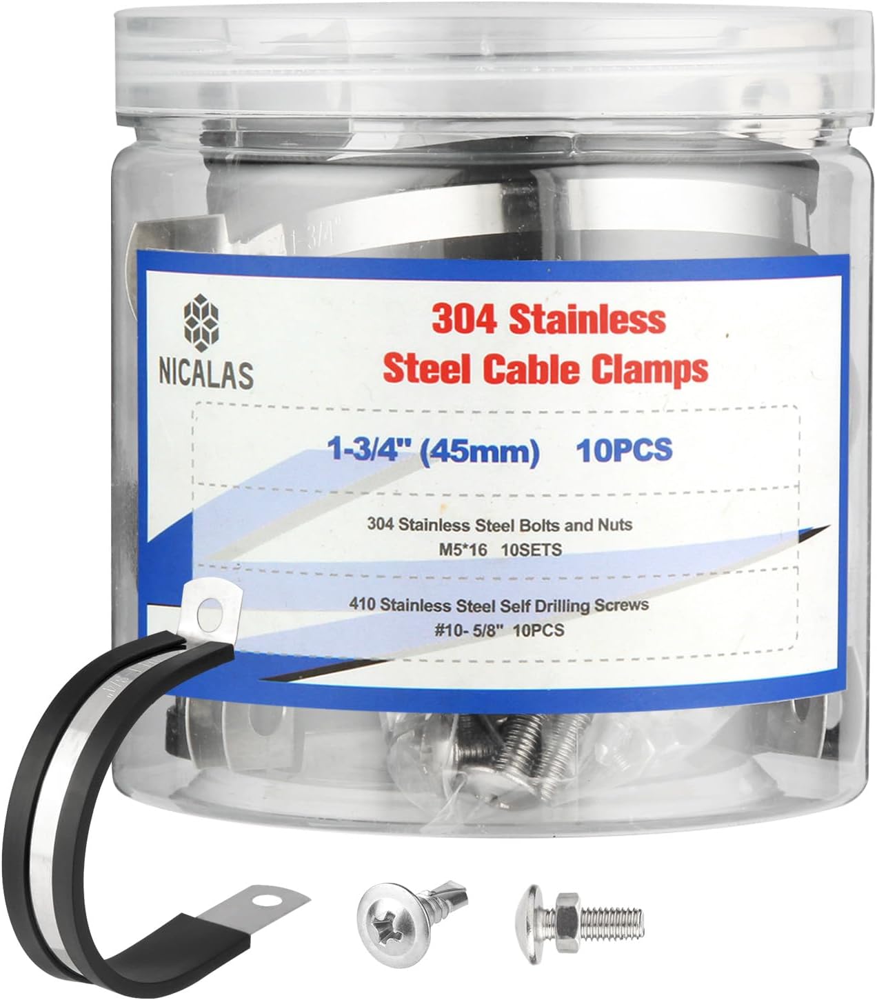 10 Pzas Abrazaderas Cable Acero Inox 1-3/4pulg Aisladas Goma