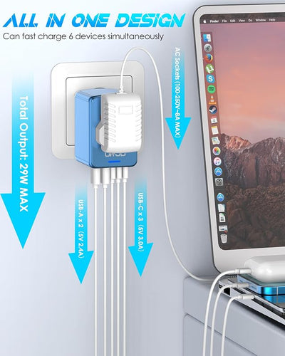 Adaptador viaje universal con USB-C 5.8A y salidas CA