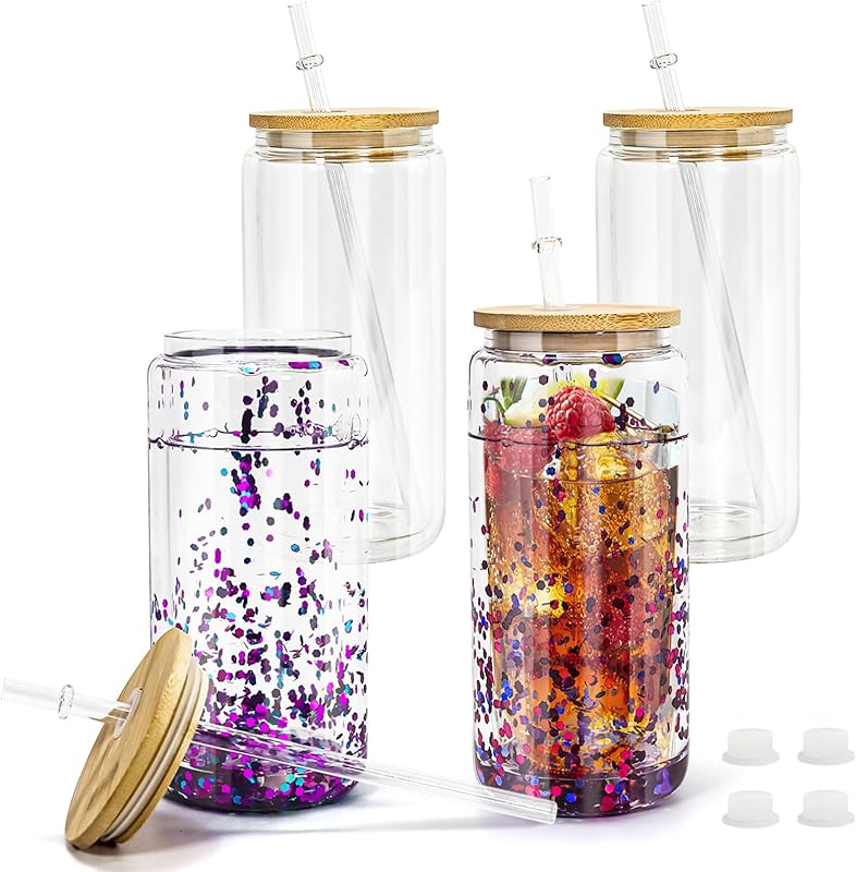 4 Vases Acrílicos Globo Nieve 20oz Con Tapa Bambú Popote Blanco