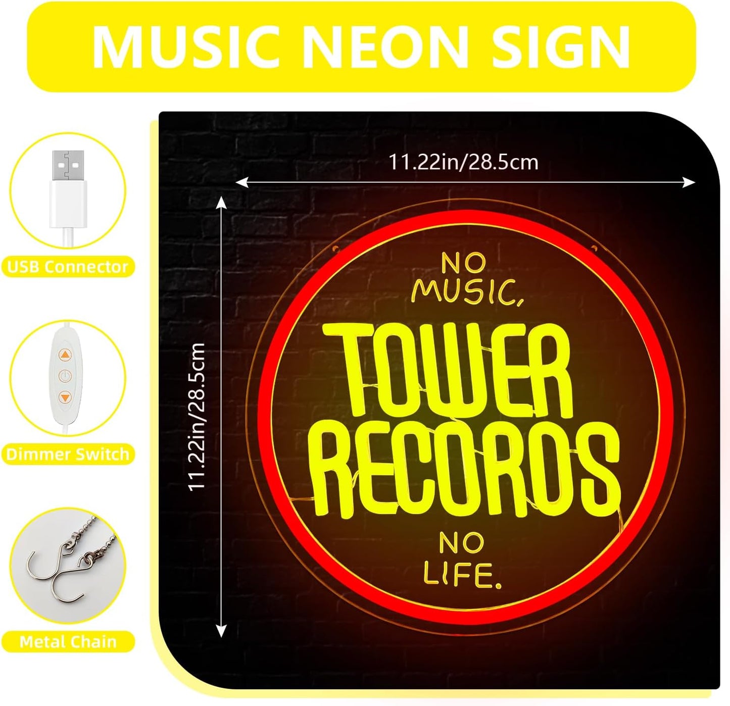 Letrero neón rojo retro con música para tienda de discos