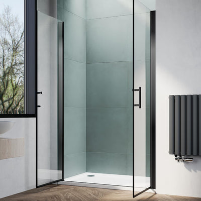 Puerta ducha pivote 44x75pulg vidrio templado 1/4pulg acabado negro
