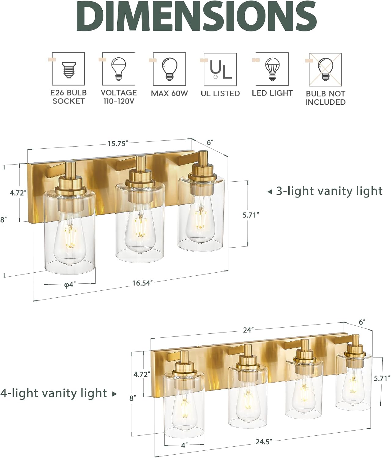 Lámpara baño 4 luces oro cepillado pantalla vidrio