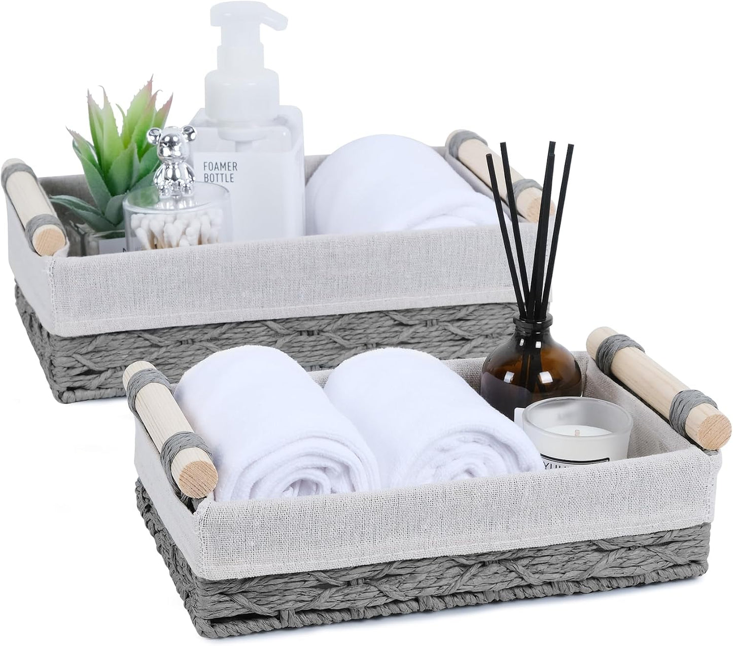 Cesta mimbre asa madera baño dormitorio organiz. papel higiénico