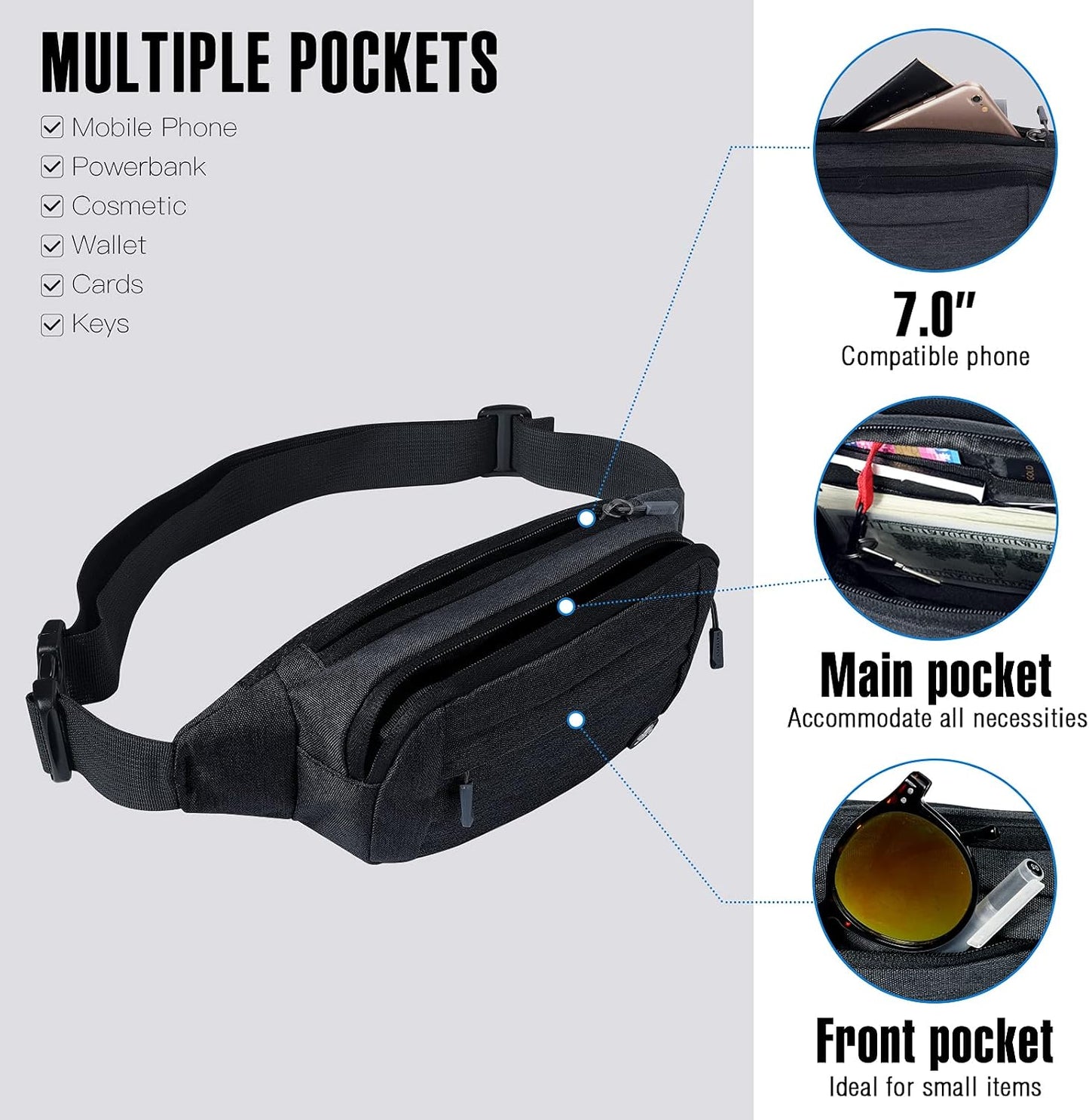 Riñonera deportiva ajustable para hombre y mujer negro