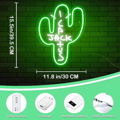 Luz neón cactus regulable para dormitorio arte pared 15.7x11.8