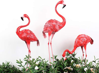 3 Pzas Estatuas Flamencos Metal Exteriores Decoración Jardín