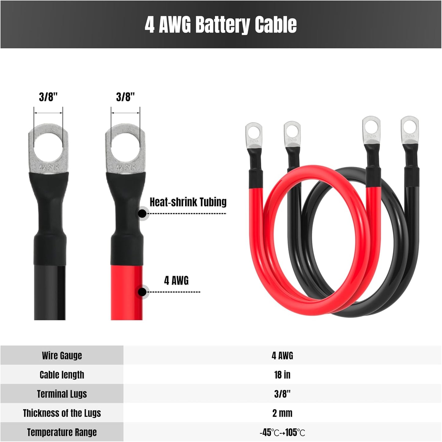 Cable batería 18" 4AWG con terminales 3/8"