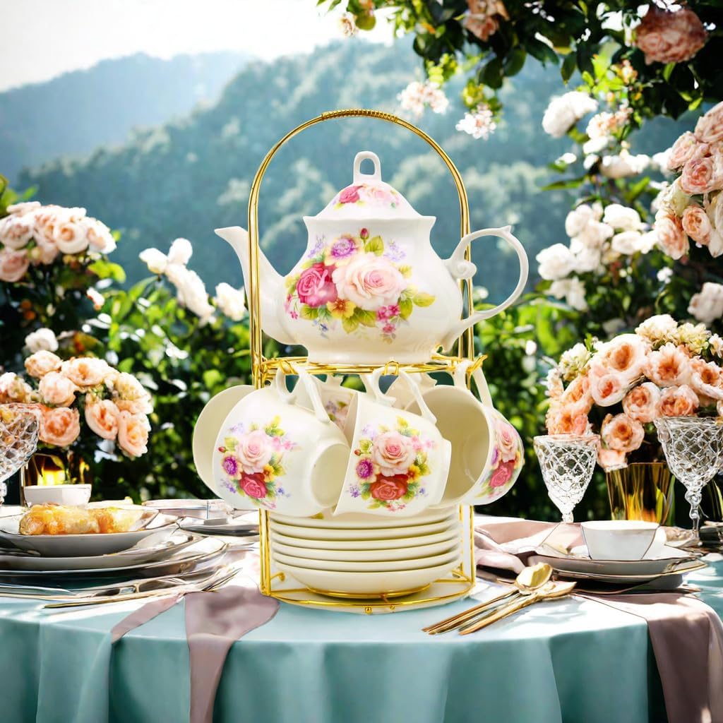 Set 20 Pzas Tazas Té Porcelana China Borde Dorado Estante