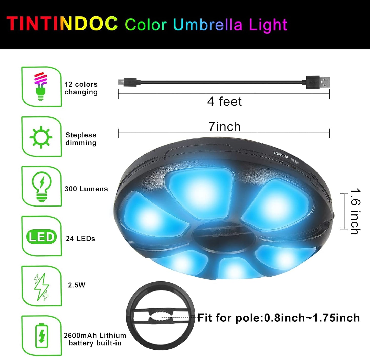 Luz sombrilla exterior con control remoto 300 lúmenes