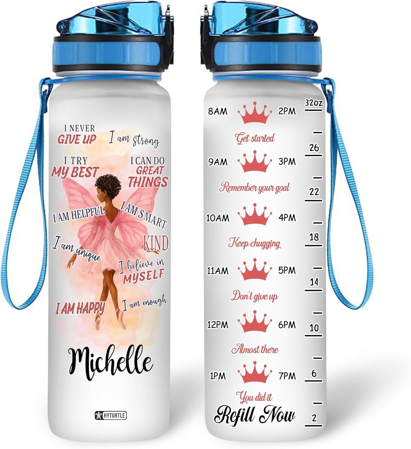 Botella agua personalizada reina negra i never give up 32oz