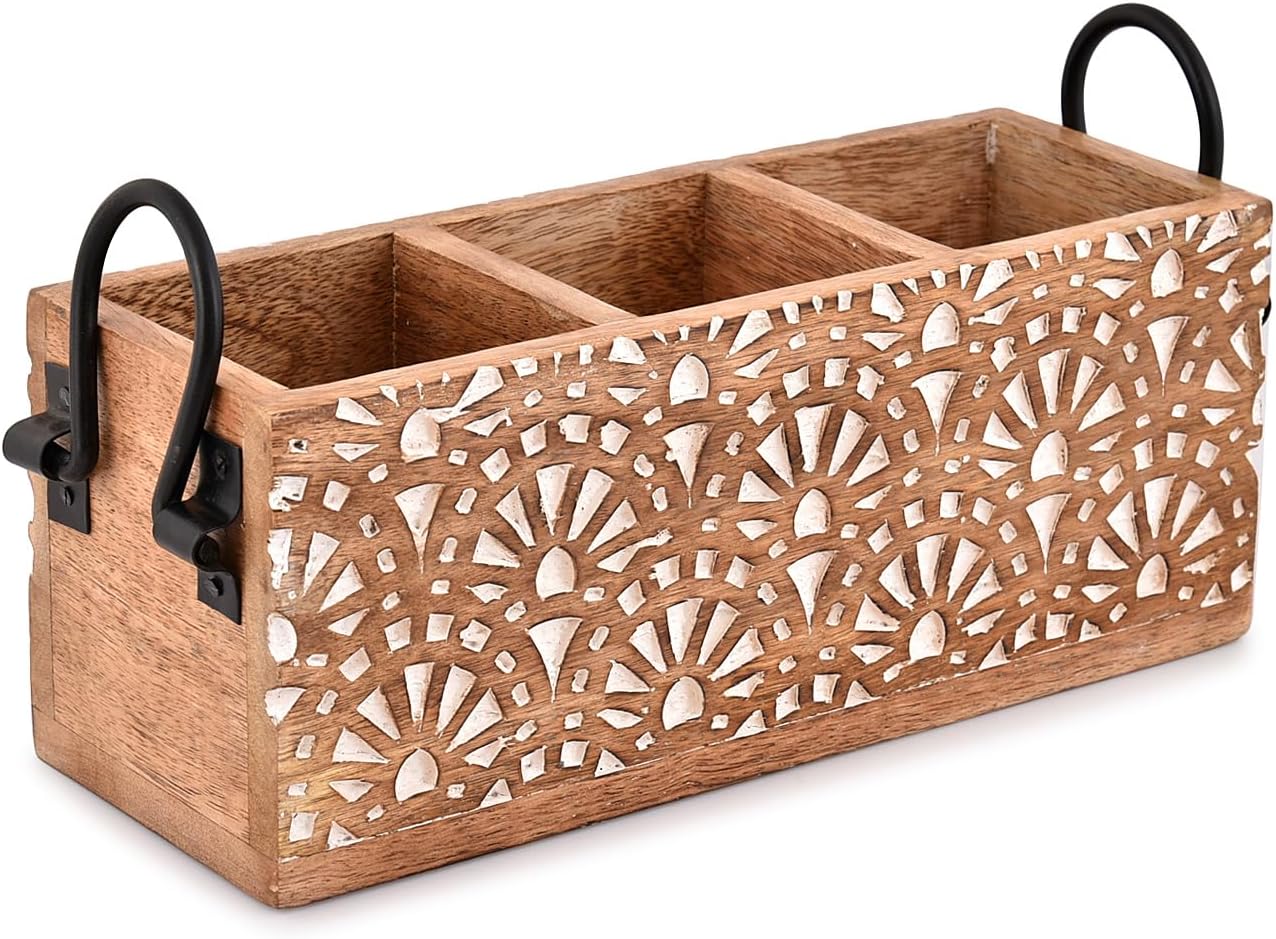 Estante madera mango 3 compartimentos cubiertos tazas 11x4x4.5pulg